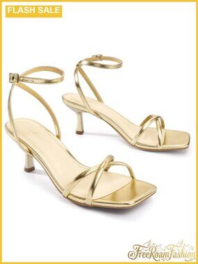 Women's Kitten Heel Strappy Sandals Square Toe Ankle Strap
